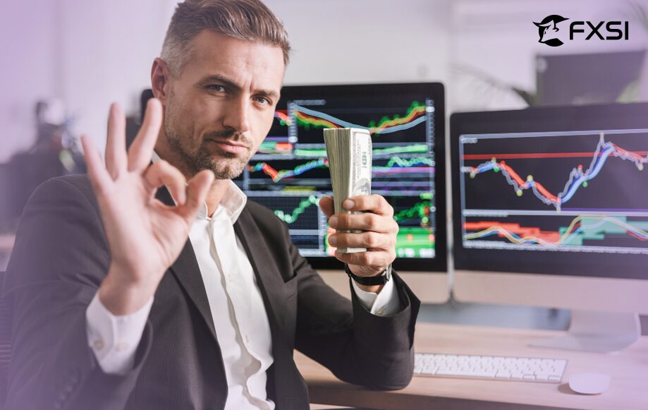 Person holding cash and making an OK sign with a confident expression, stock prices displayed on a screen in the background