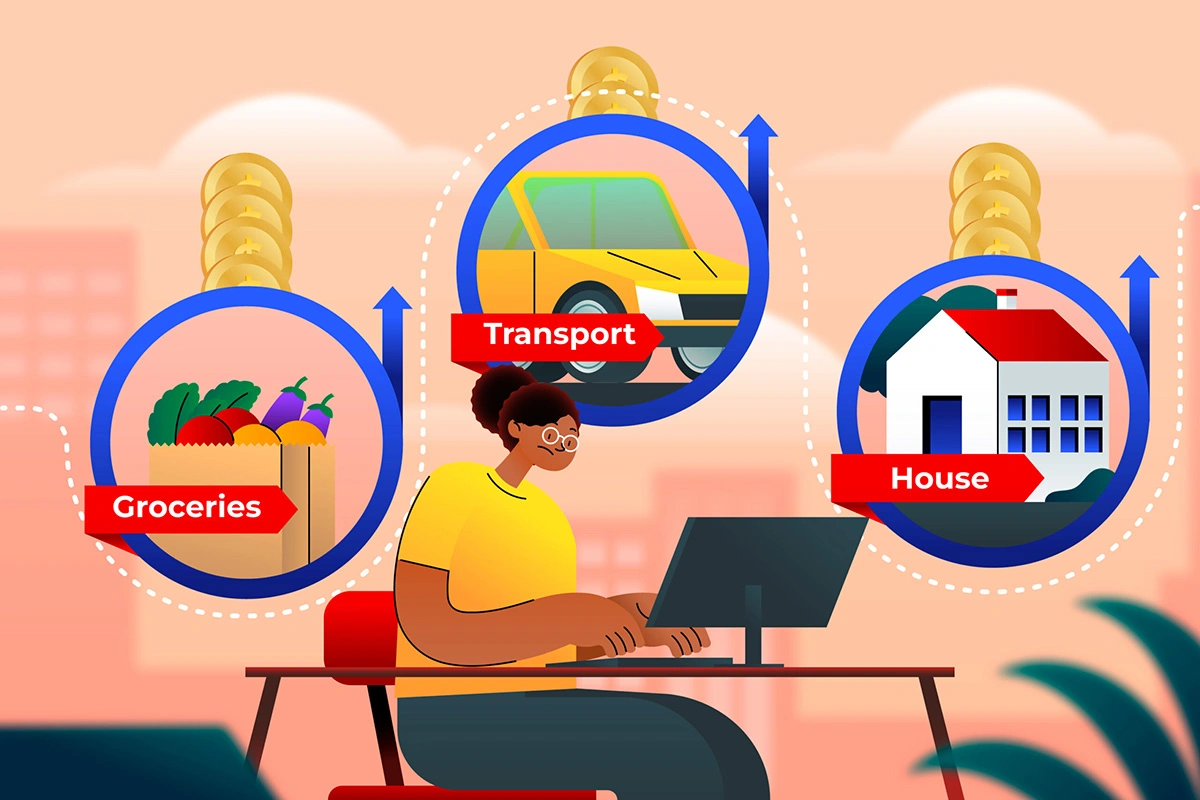 Illustration of rising living costs with groceries transport and housing expenses