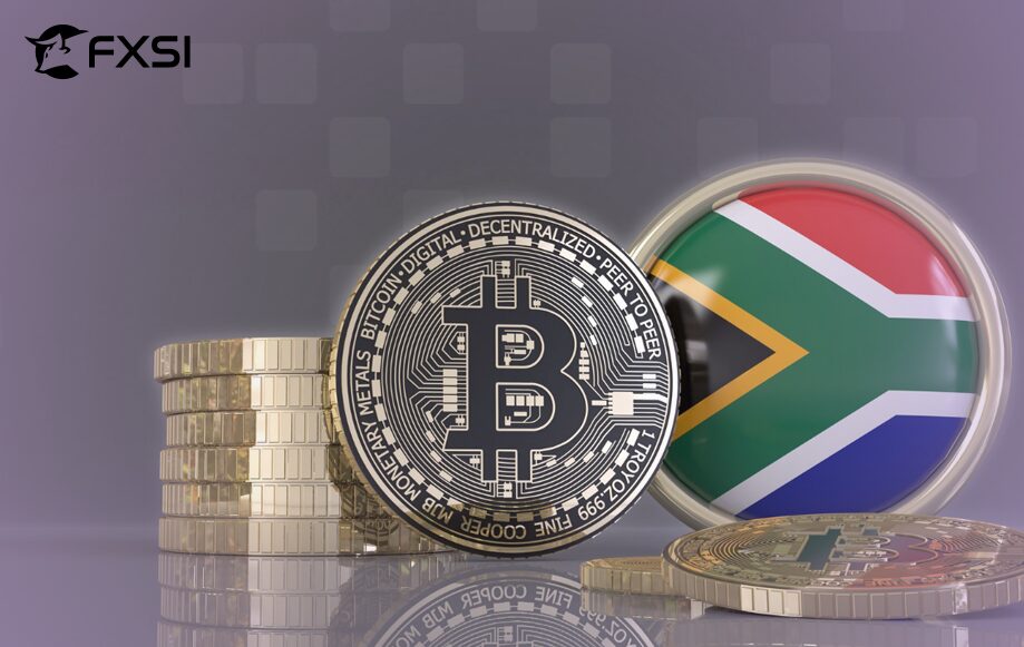 Virtual Bitcoin token and South African flag on a table.