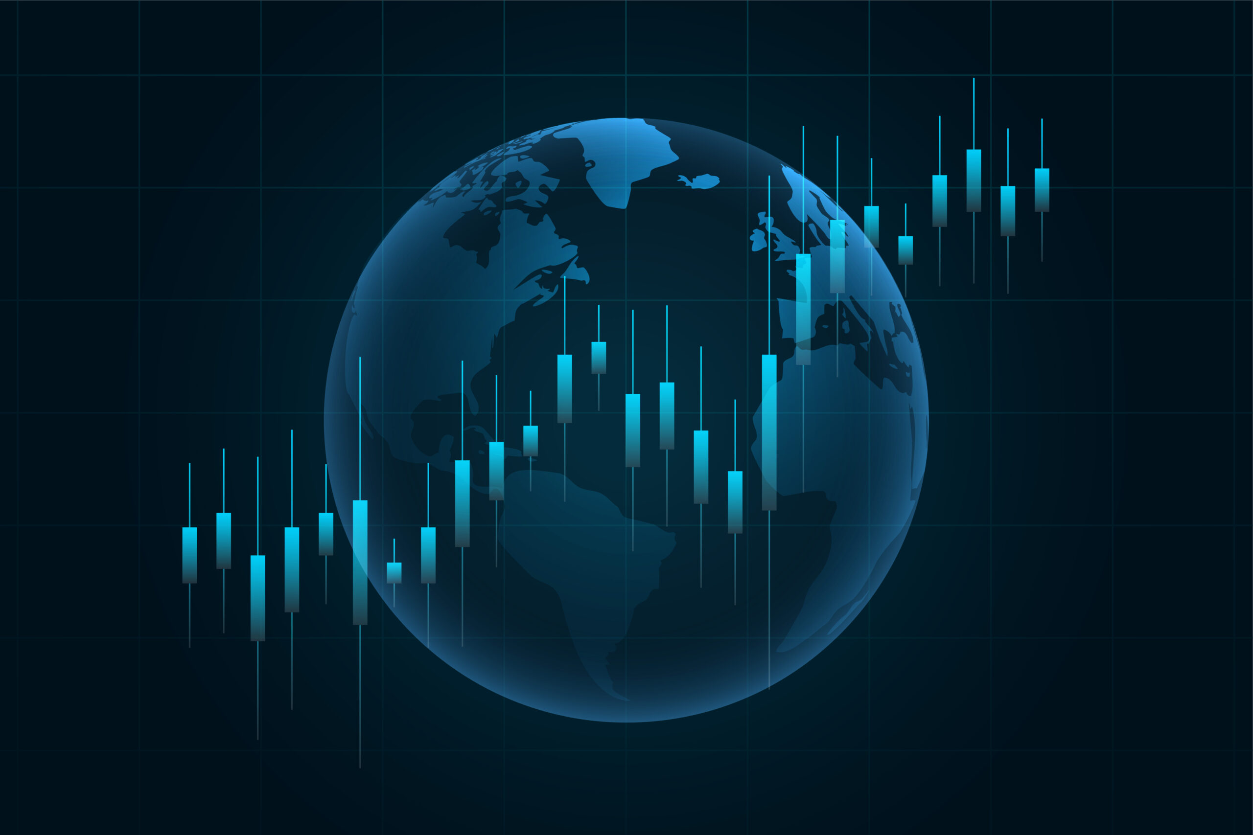 Earth globe with a financial chart overlay, representing global market trends and economic data.