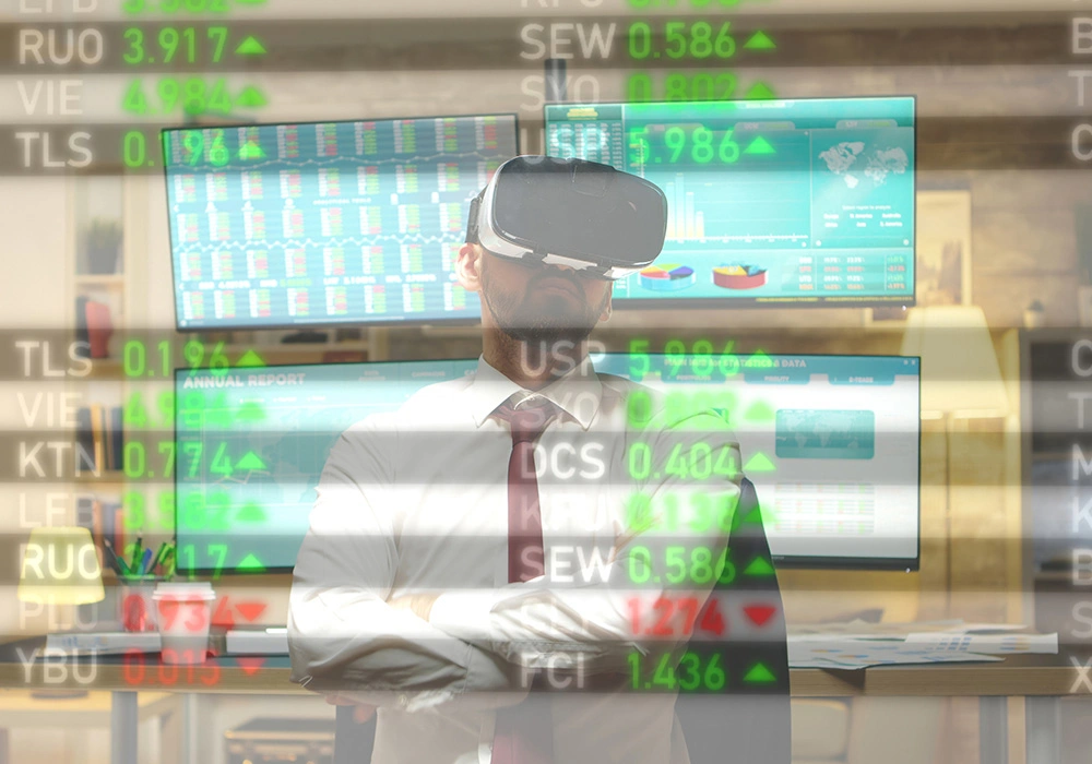A Complete Guide to The Power of Compound Interest 2 Investor wearing VR headset analyzing stock data and market trends on multiple screens