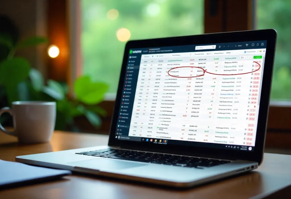 How an Order Book Works: Understanding Bids, Asks, and Spreads 1 Laptop displaying financial data table with highlighted entries on desk