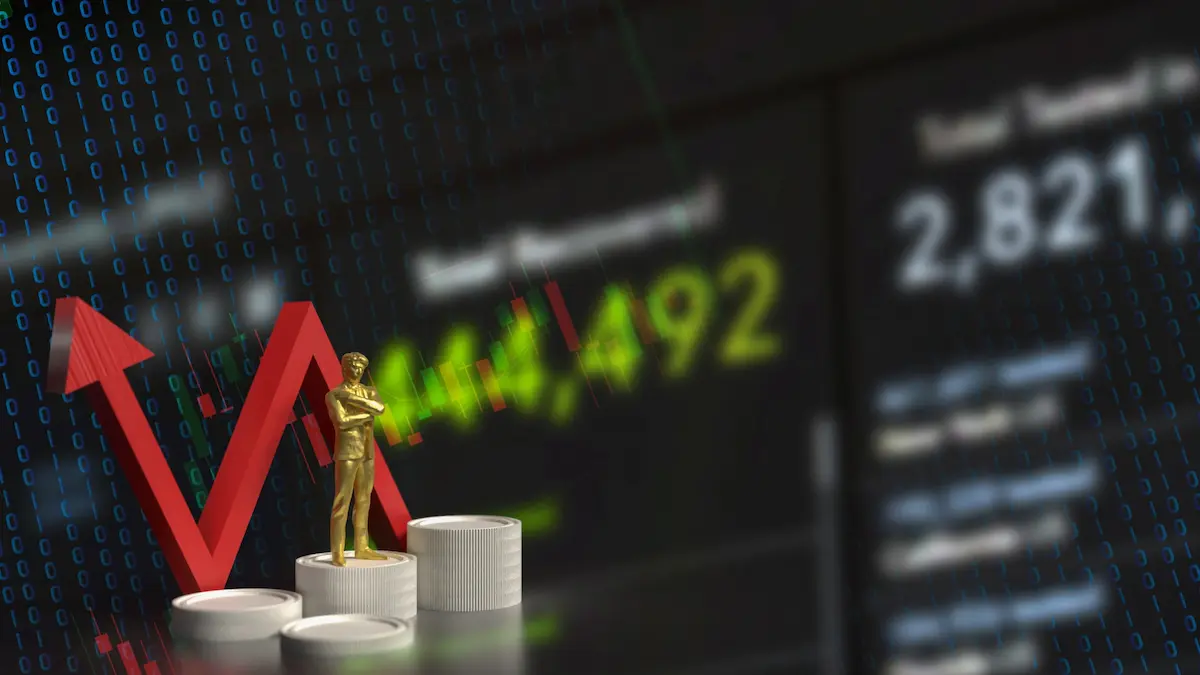 Trader figure on coins with stock market graphs, risk management concept
