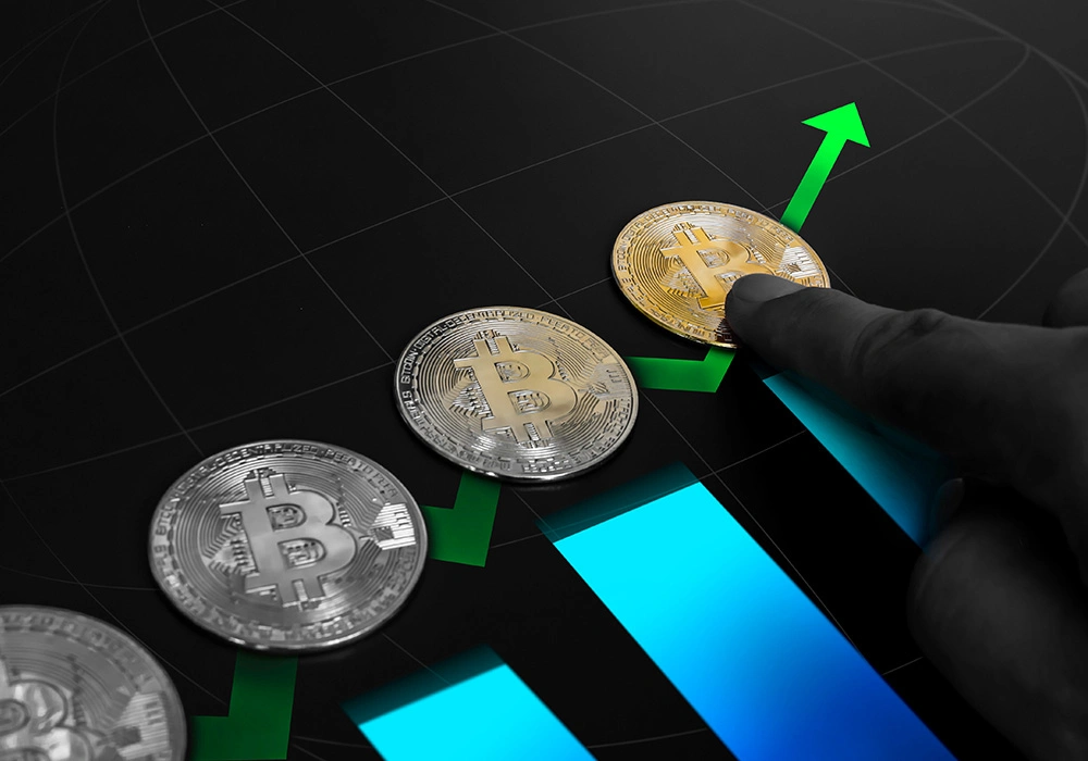 How to Use Leverage in Crypto Trading Without Increasing Risk 1 Bitcoin coins on a graph showing upward growth, representing crypto market analysis