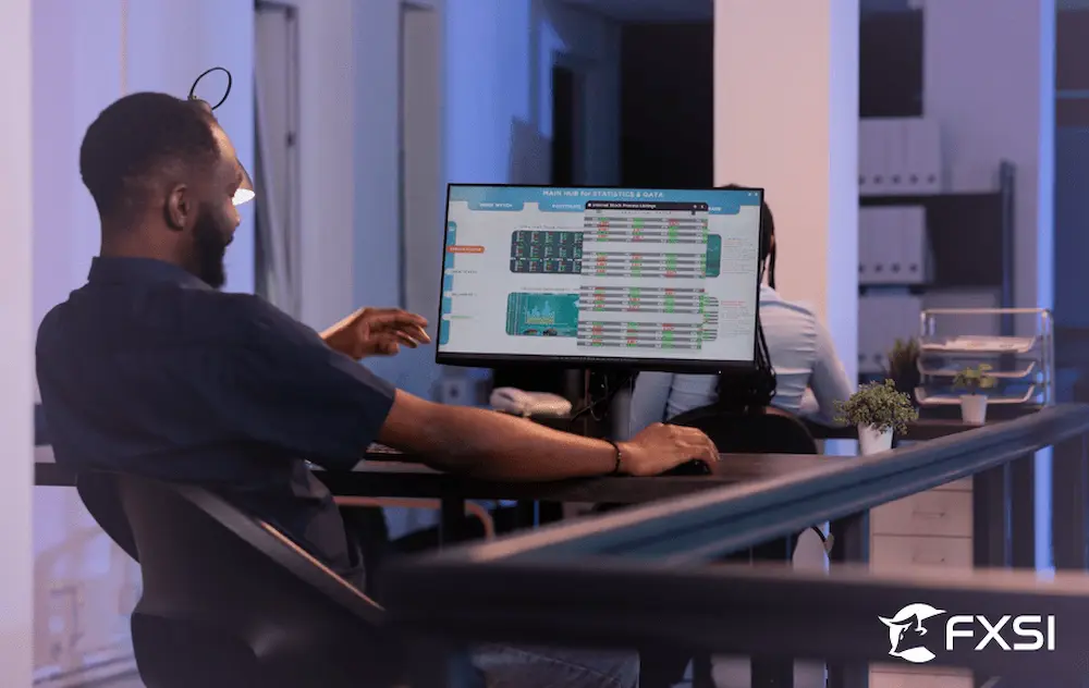 Person working at desk analyzing financial data on desktop monitor in office