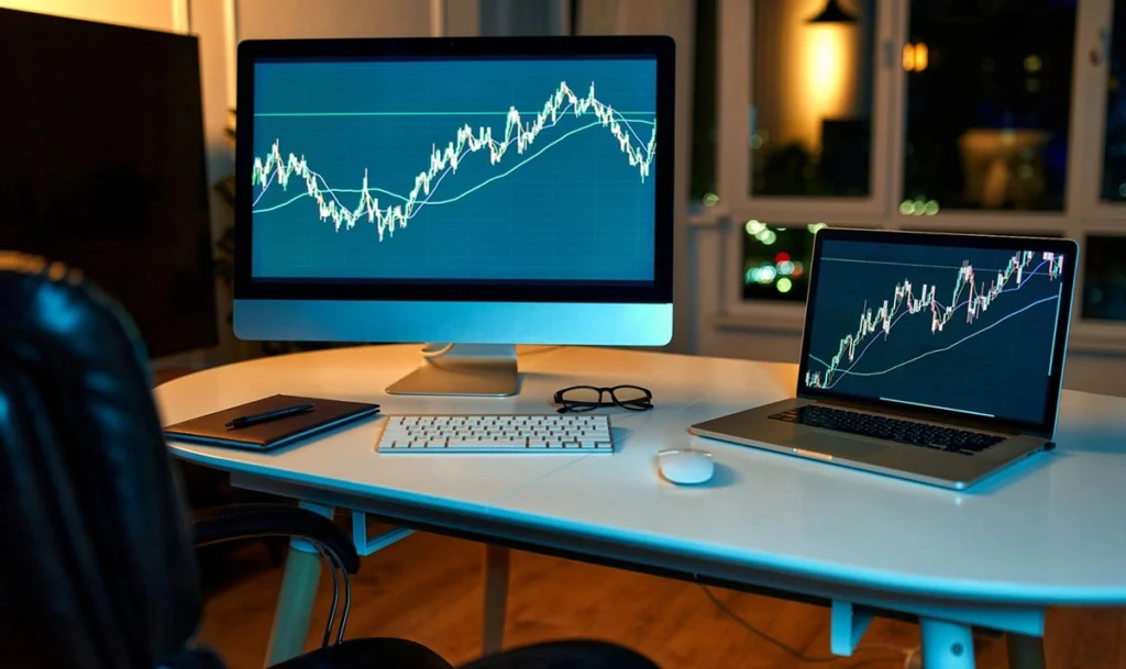 Position Trading for Long-Term Forex Success 1 Trading setup with charts on desktop and laptop screens at night